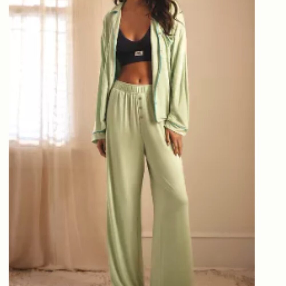 Anthropologie Lime Briar Piped Pajama Shirt and Pants - SZ XL - Picture 2 of 6